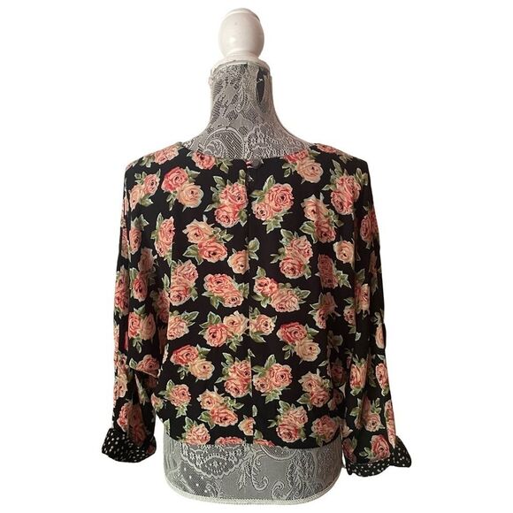 VINTAGE 90s Carole Little Floral Mixed Media Print Tie Front Blouse - Picture 3 of 7